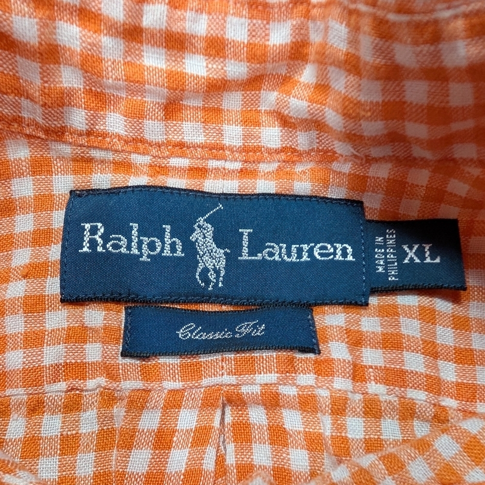 Ralph Lauren Shirt Mens XL Orange White Check Linen Button Up Short Sleeve - Picture 3 of 7